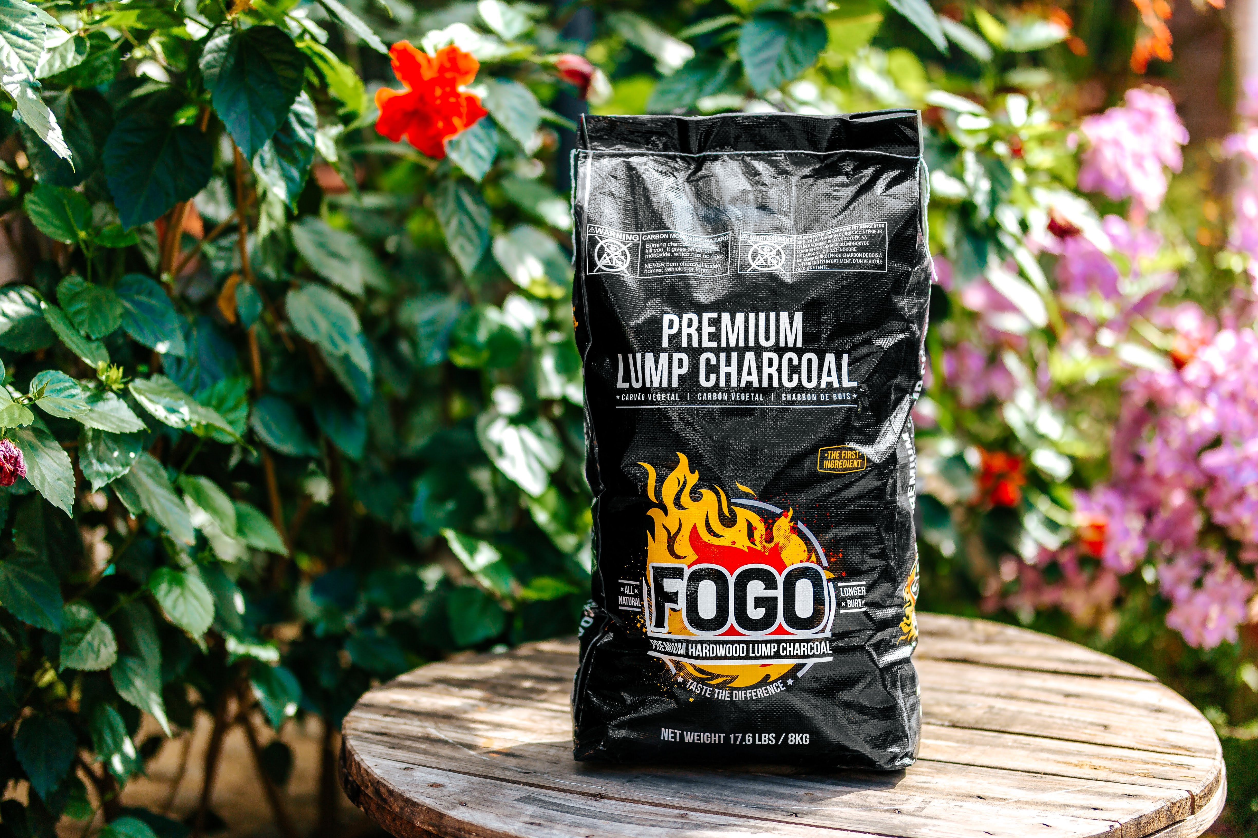 bag of fogo charcoal sitting on a table outside