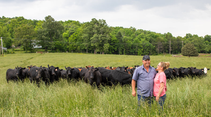 Rittenberry Farms couple in pasture with cattle